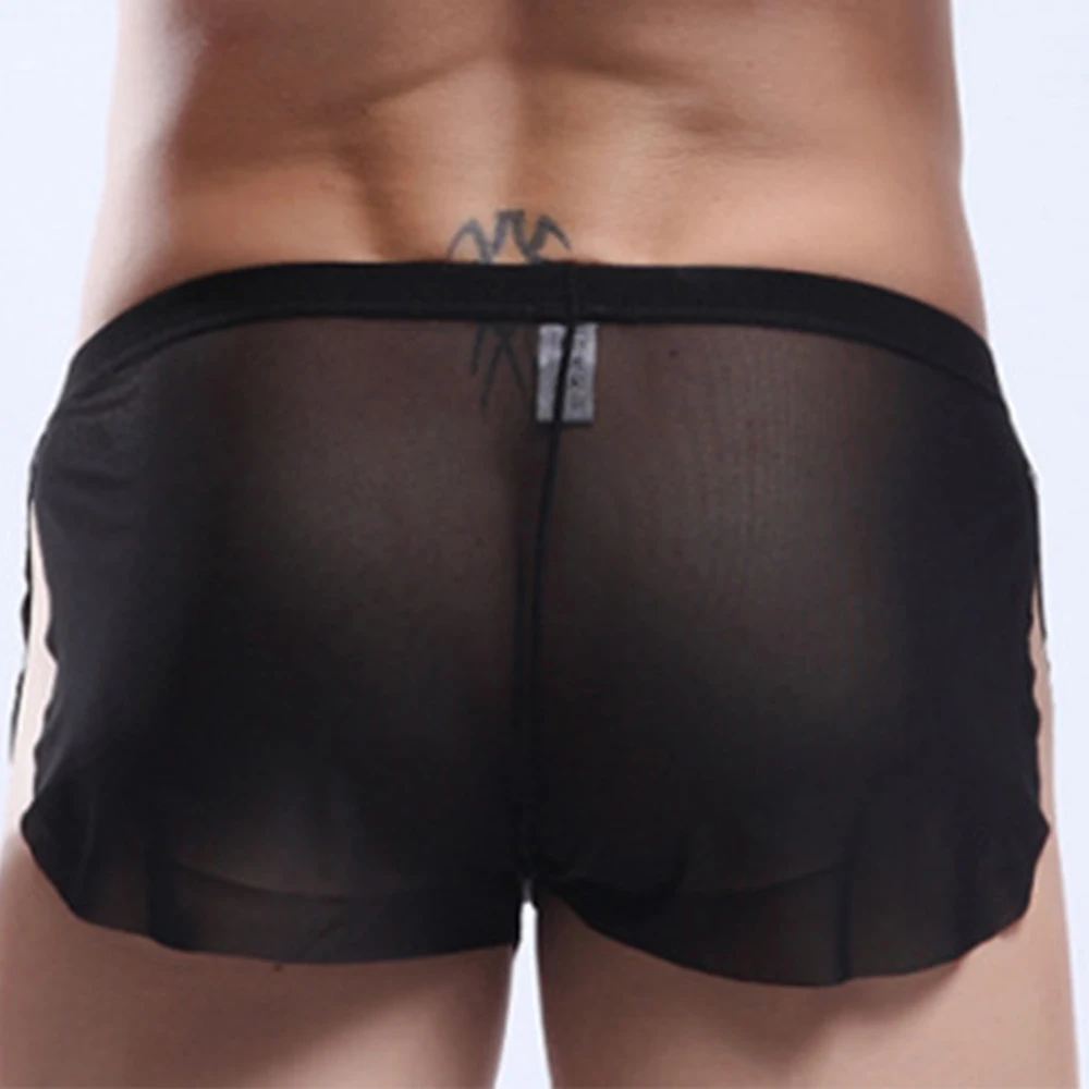 Bóxer de malla ultrafino para hombre, ropa interior Sexy con abertura lateral, calzoncillos cortos