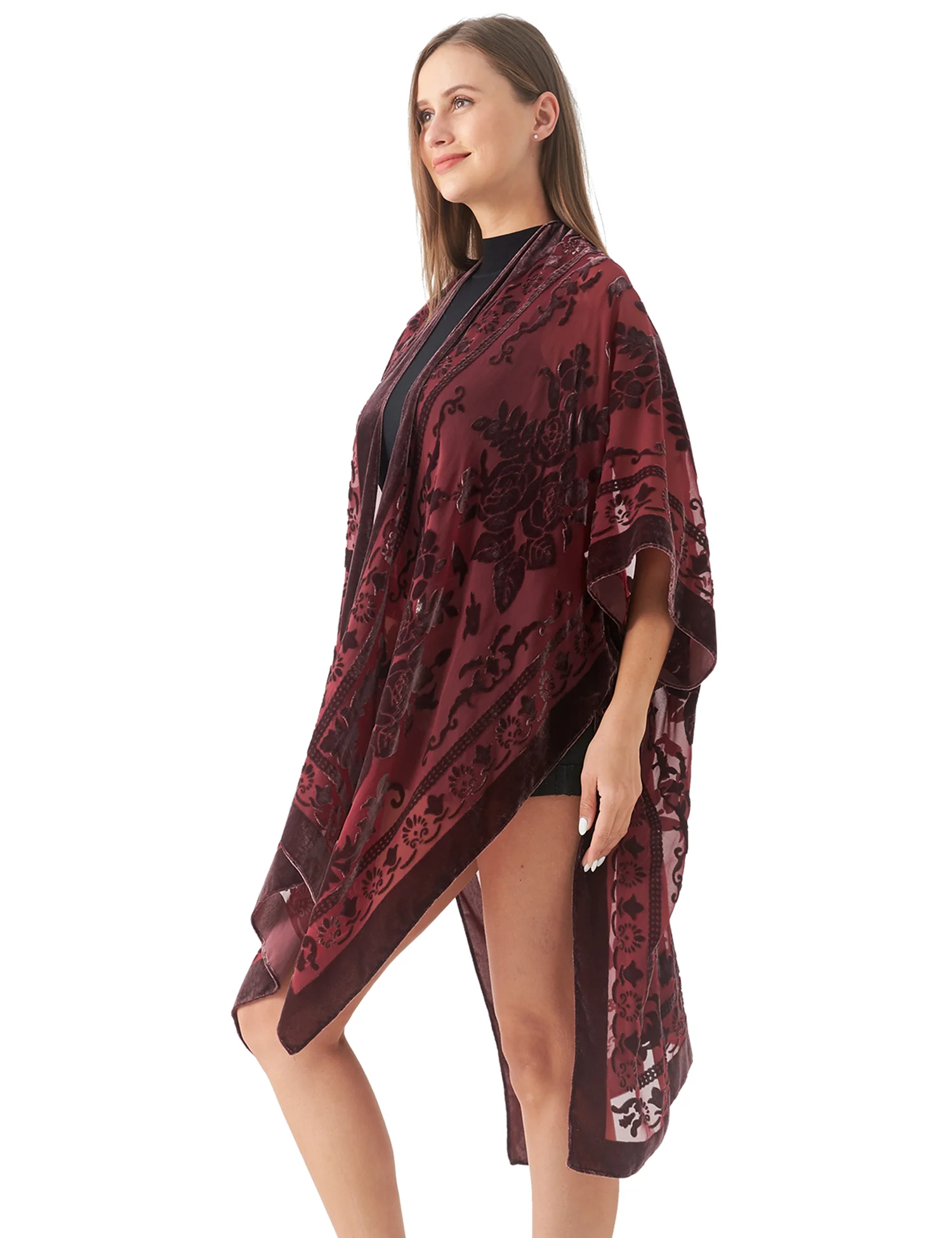 WeHello-Bohemian Style Long Cardigan Women\'s Purple Velvet Kimono Casual Versatile Beach Shawl JYPF-49