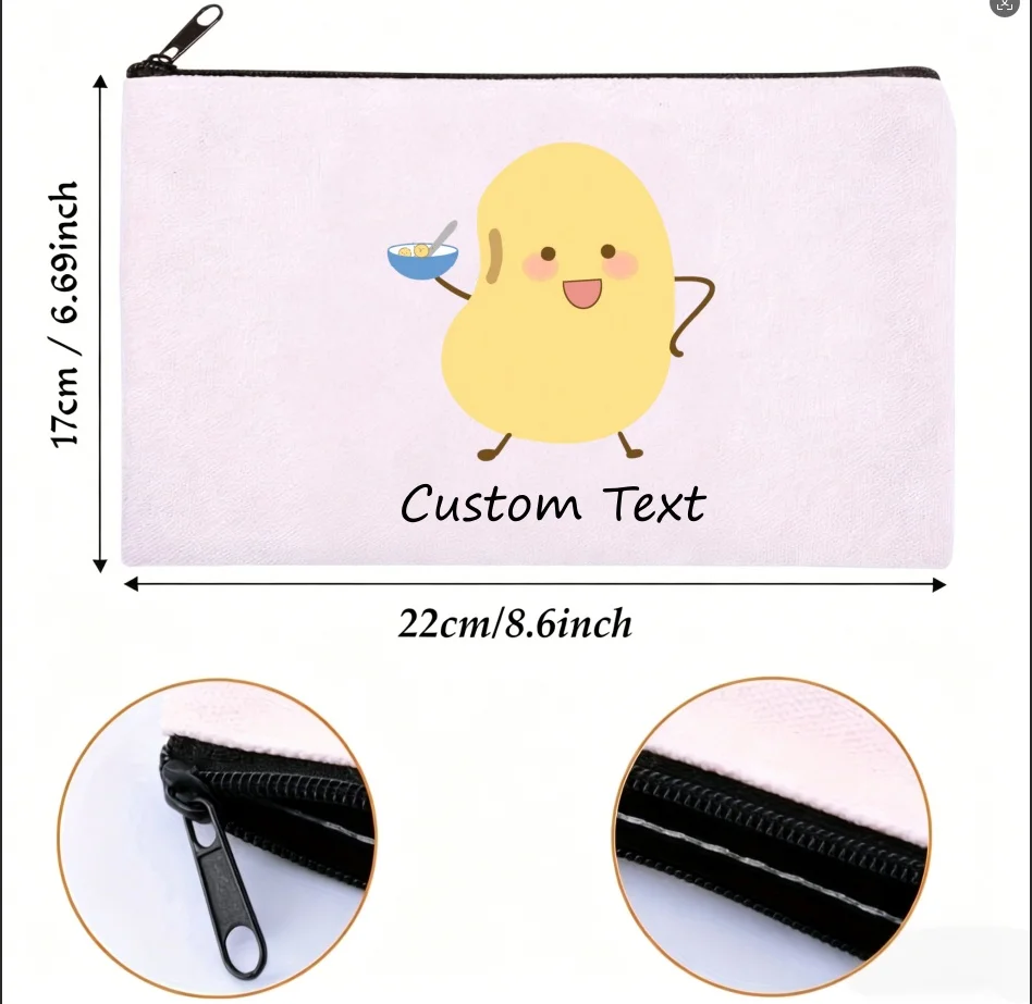 1PC Custom Text Cute Cartoon Potato Character Cosmetic Bag Personalized Canvas Zipper Makeup Pouch