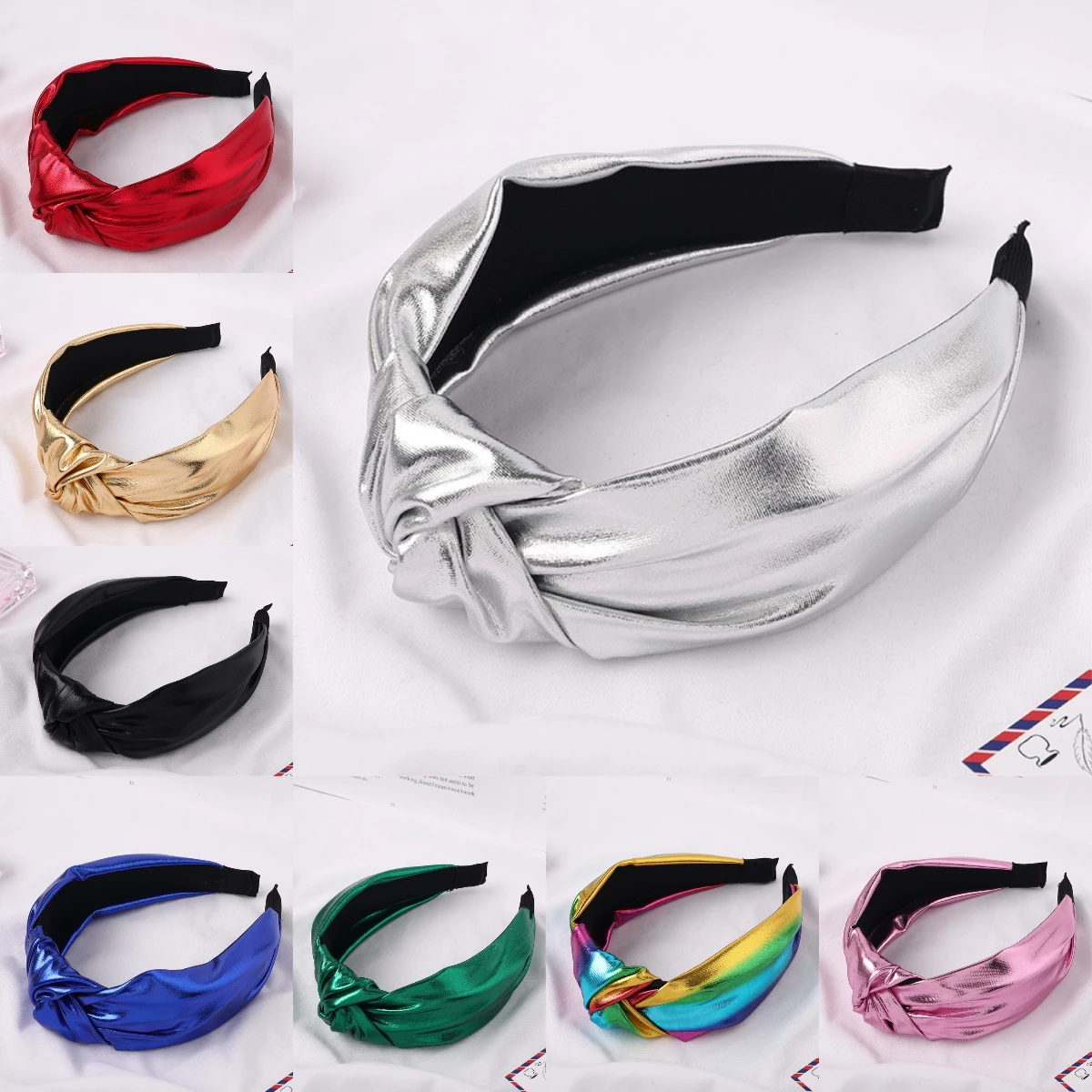 

Glossy Pu Wide Knot Solid Boutique Hairband Women Fashion Retro Rainbow Headband Makeup Wash Face Hair Hoop Hair Accessories