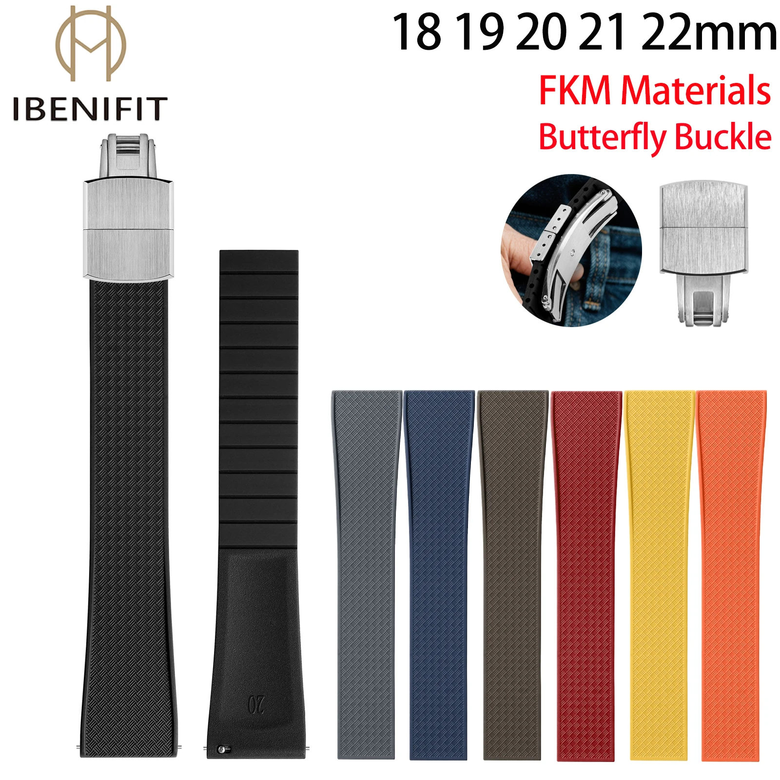 IBENIFIT New Design CTS Fluororubber Watch Strap 18 19 20 21 22mm Fast Release Butterfly Buckle FKM Watch Bands For Cut To Size
