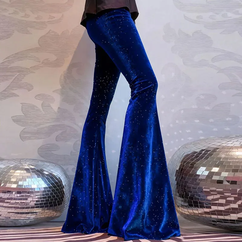 セクシーなダイヤモンド光沢のあるベルベットフレアパンツ女性 2026 春エレガントなハイウエストスリムロングパンツ秋のファッション快適なソフトパンツ