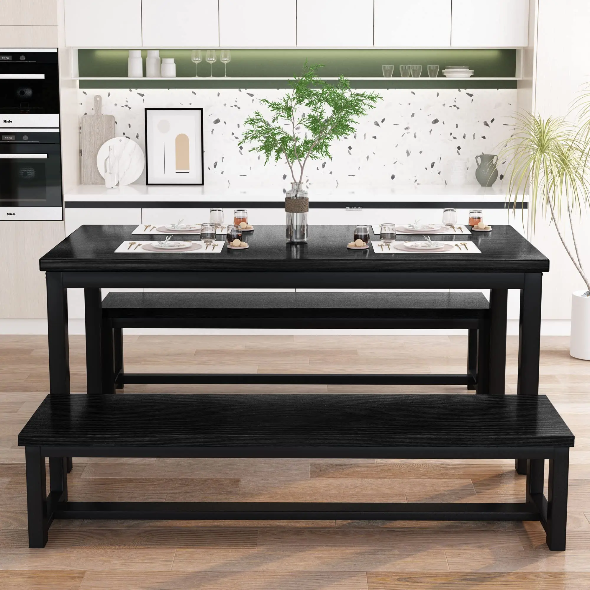 Modern three-piece dining table set kitchen dining table with two benches metal frame and pantry paneling