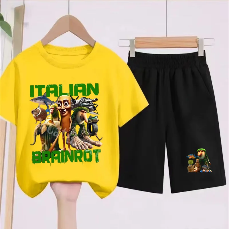 

Hot selling Summer Kids T-shirt Set For Boys and Girls Aged 2-12 Printed Casual Sports Pullover Set Short Sleeved Top+shorts