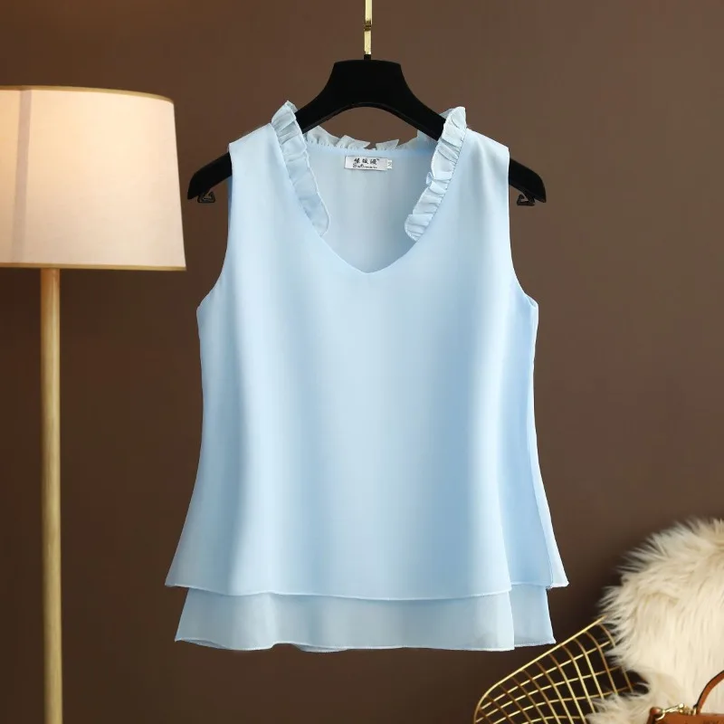 Plus Size Halter Chiffon Top Sleeveless Ruffle V-Neck Loose Flowy Summer Bohemian Beach Swim Cover Up Tunic Blouse 0XL/L 5XL view 3