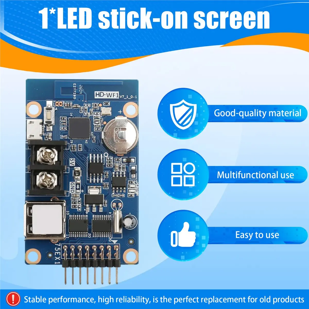 LED Display Screen HD-WF1 Full-Color LED Panel Pixel Display Control Card for USB Port, Main Board Supports Mobile WiFi