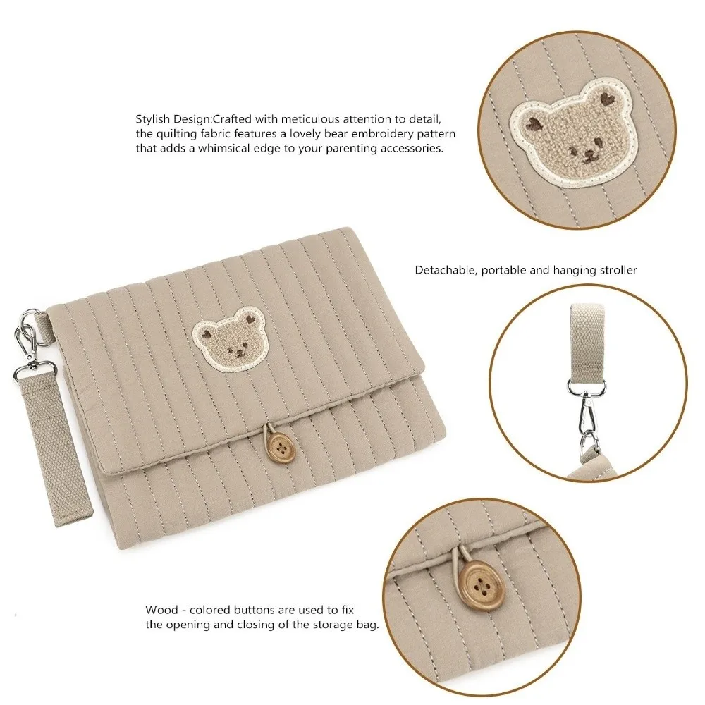 Cute Baby Hanging Diaper Bag Multi-Compartment Cartoon Bear Foldable Storage Pouch Detachable Strap Cotton