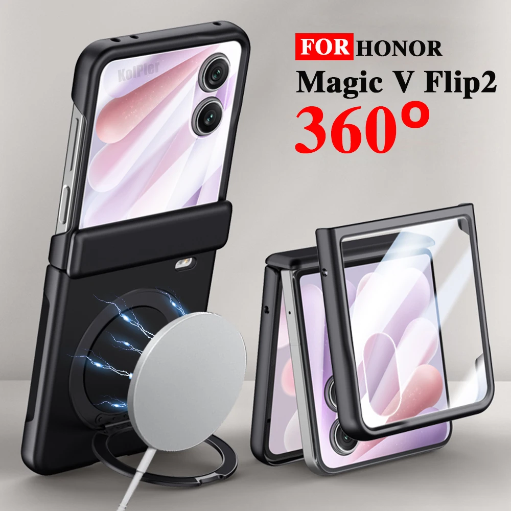 Suporte de luxo fosco caso para honor magic v flip 2 filme de vidro magnético proteção anti-impressão digital pele dura amigável suporte capa