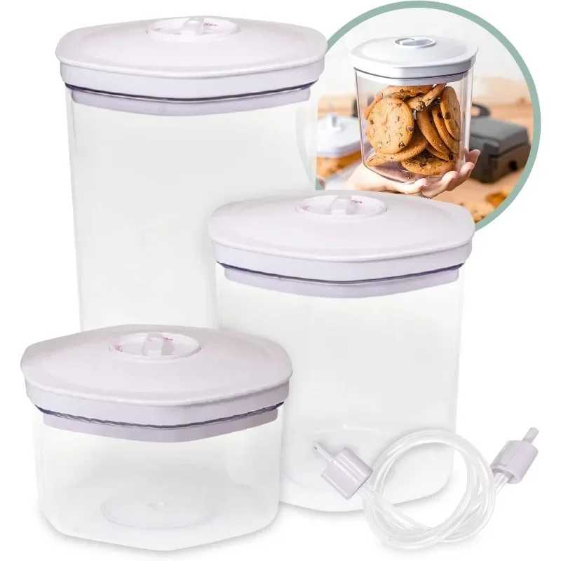 3 Piece Vacuum Food Container Set for Home Kitchen with Accessory Hose in 2L, 1.4L, and 0.7L Sizes BPA Free