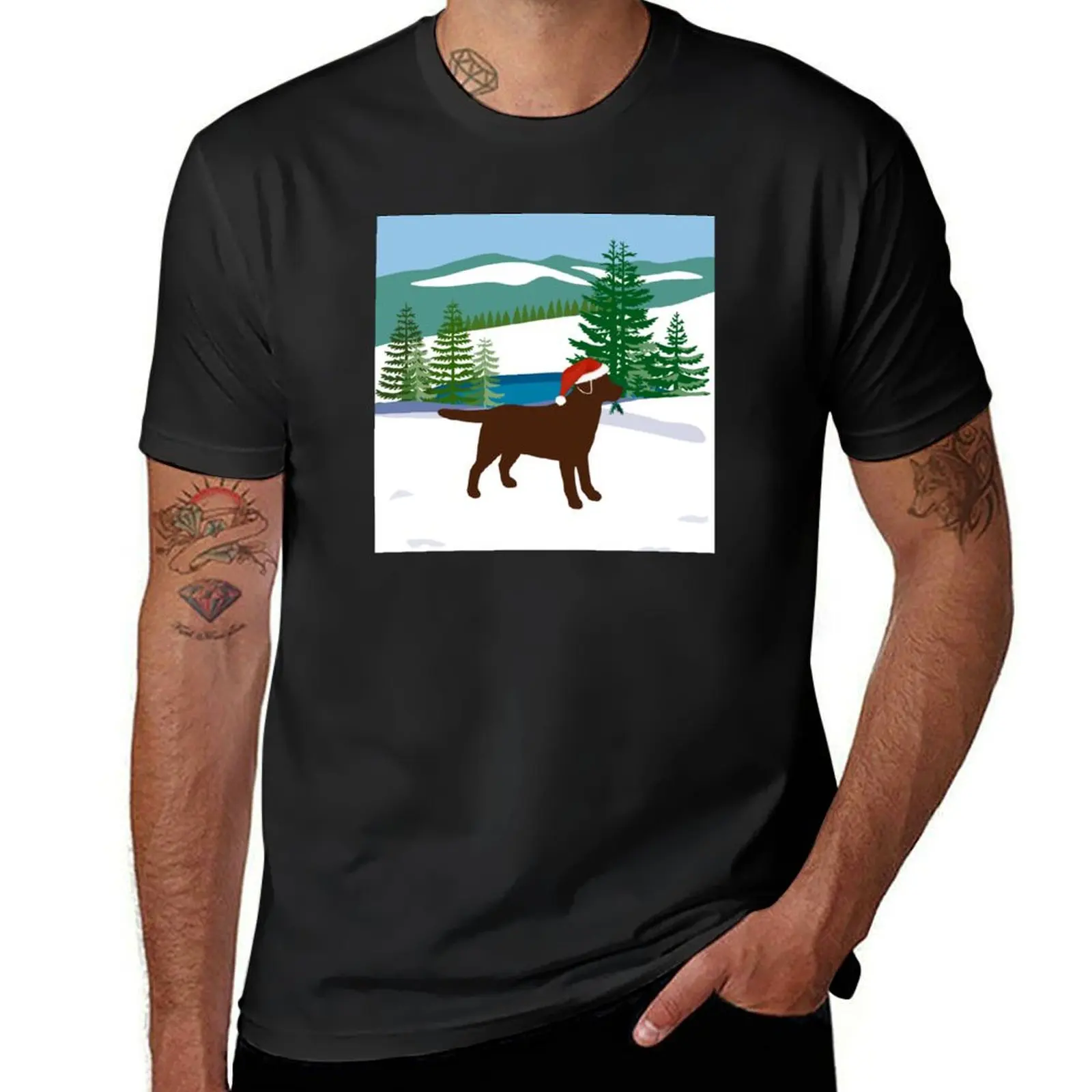 

Chocolate Labrador Christmas Winter View T-Shirt cotton graphic tees Man t-shirt t shirts for men cotton