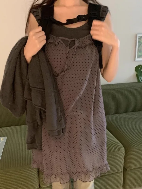 Vestido  de Verão com Estampa de Poá para Mulheres, Estilo Coreano, Com Cinto, Saia em Camadas com Babados, Sem Mangas, S...