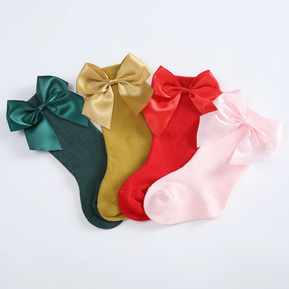 Baywell Baby Girls Bow Tie Socks Toddler Cotton Solid Color Crew Socks Kids Girls Cute Princess Socks 0-3 Years