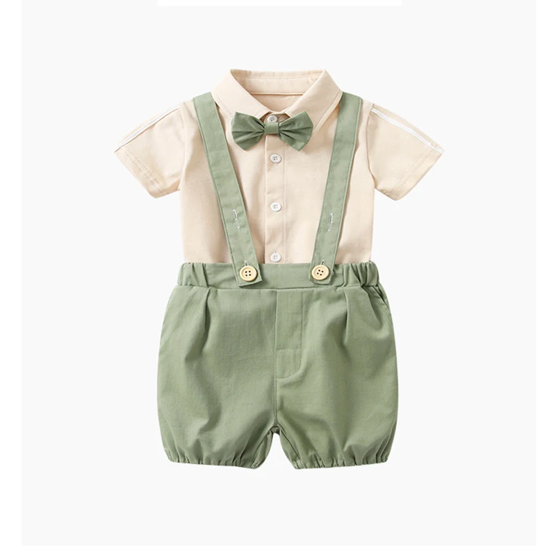 Korean Style New Summer Clothes for Kids Boy Sets Short Sleeves Turn-down Collar Bodysuit+Green Overalls Children Outfits