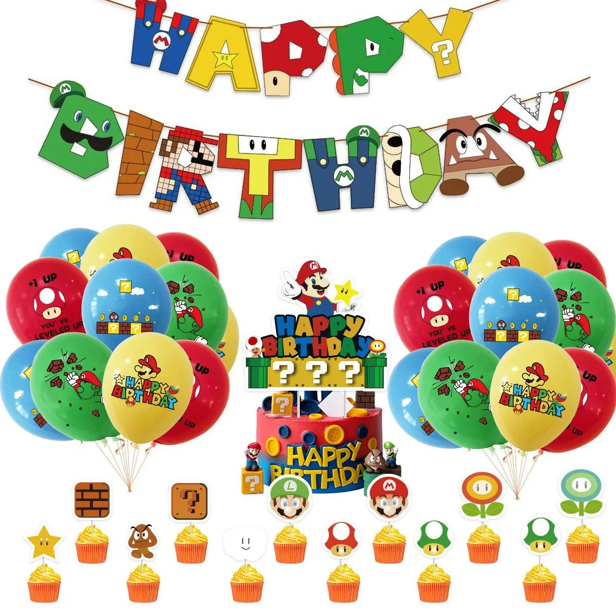 Super Mario Bros Games Anime Theme Set League Flag Insertion Latex Balloon Props Festival Party Decoration Supplies Package