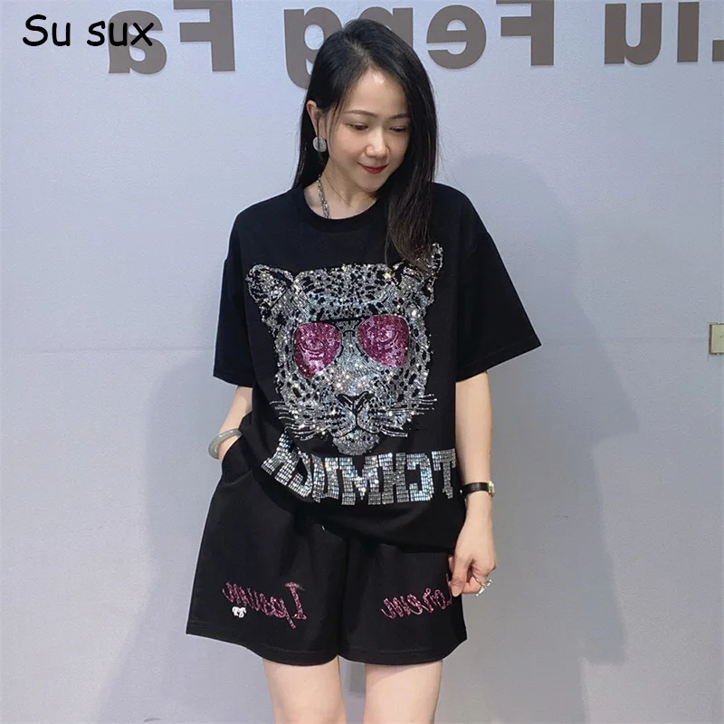 Sequins Leopard Head Half Sleeve T Shirt 2 Piece Set Woman 2026 Summer Casual Oversized Short Pant Sets Bust120cm Streetwears
