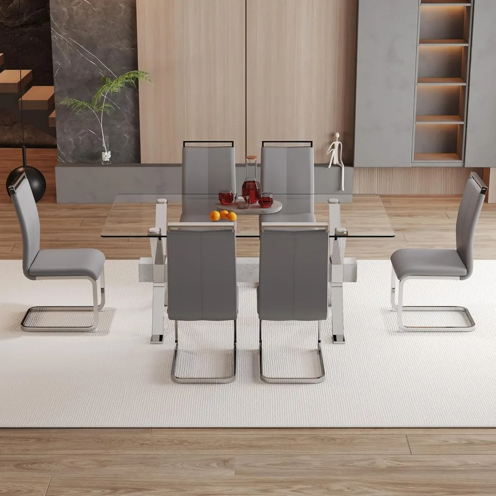 Dining Table and Chairs, Kitchen and  6 Seat Dinings Tables and Chair Set,7 Piece Modern Tempered Glass Dining Table