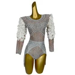 Beading Leotard Stage Performance Clothes for Women White Flower Pearl Bodysuit Dancer Birthday Evening Party Costume Baihuaxiu