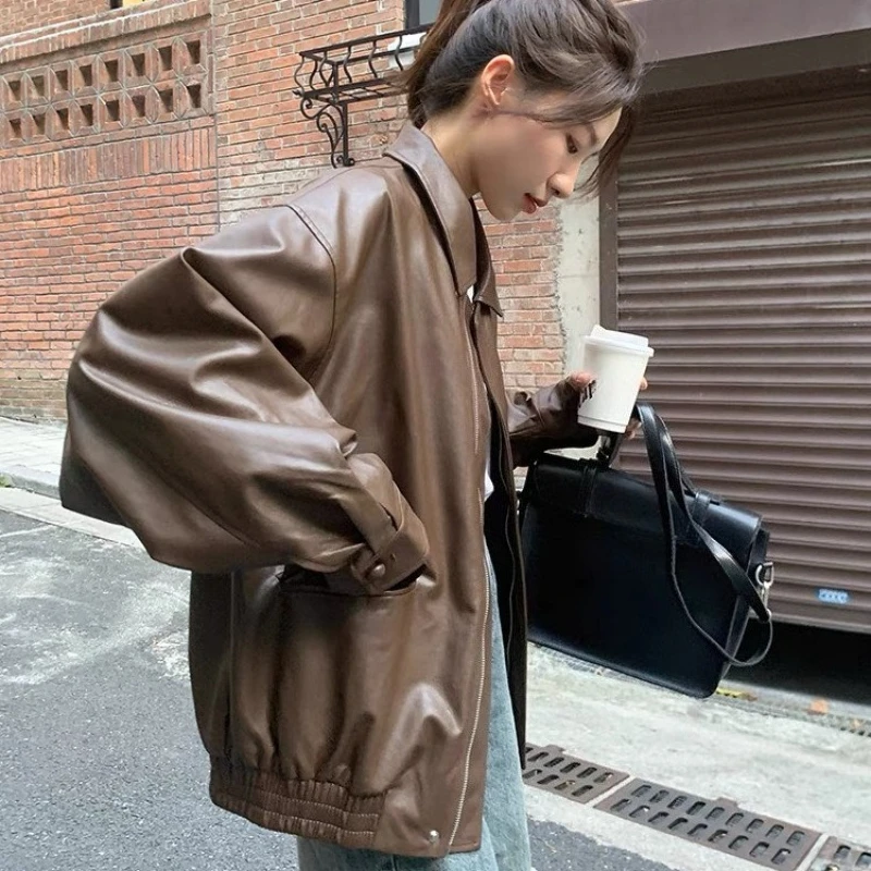 Luxury Black Leather Jacket Women Short Tops Motorcycle Jacket Spring Autumn Clothing Jacket Vintage Brown PU Leather Coat Zip