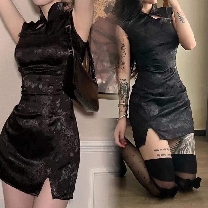 Abito Qipao cinese sexy Cheongsam Nero Bianco Moda Stile orientale Allettante Uniforme Streetwear Spettacolo di feste di ballo