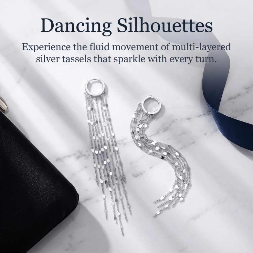 925 pure silver luxury long-style chain with fringes and shiny pieces, heart-shaped earclasp, trendy earrings for women