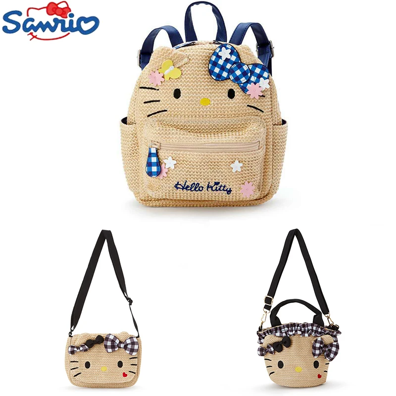 

Anime Sanrio New Cute Hello Kitty Shoulders Bag Fashion Weaving Series Kawaii Cat Cartoon Crossbody Bag Little Fresh Girl Gift