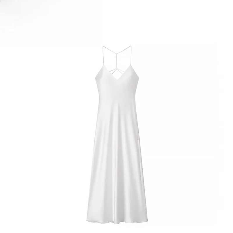 ZAB 가을 신상 여성용 새틴 미디 스커트 백 풀 디자인 우아한 하이 웨이스트 민소매 브이넥 미디 드레스 여름 패션