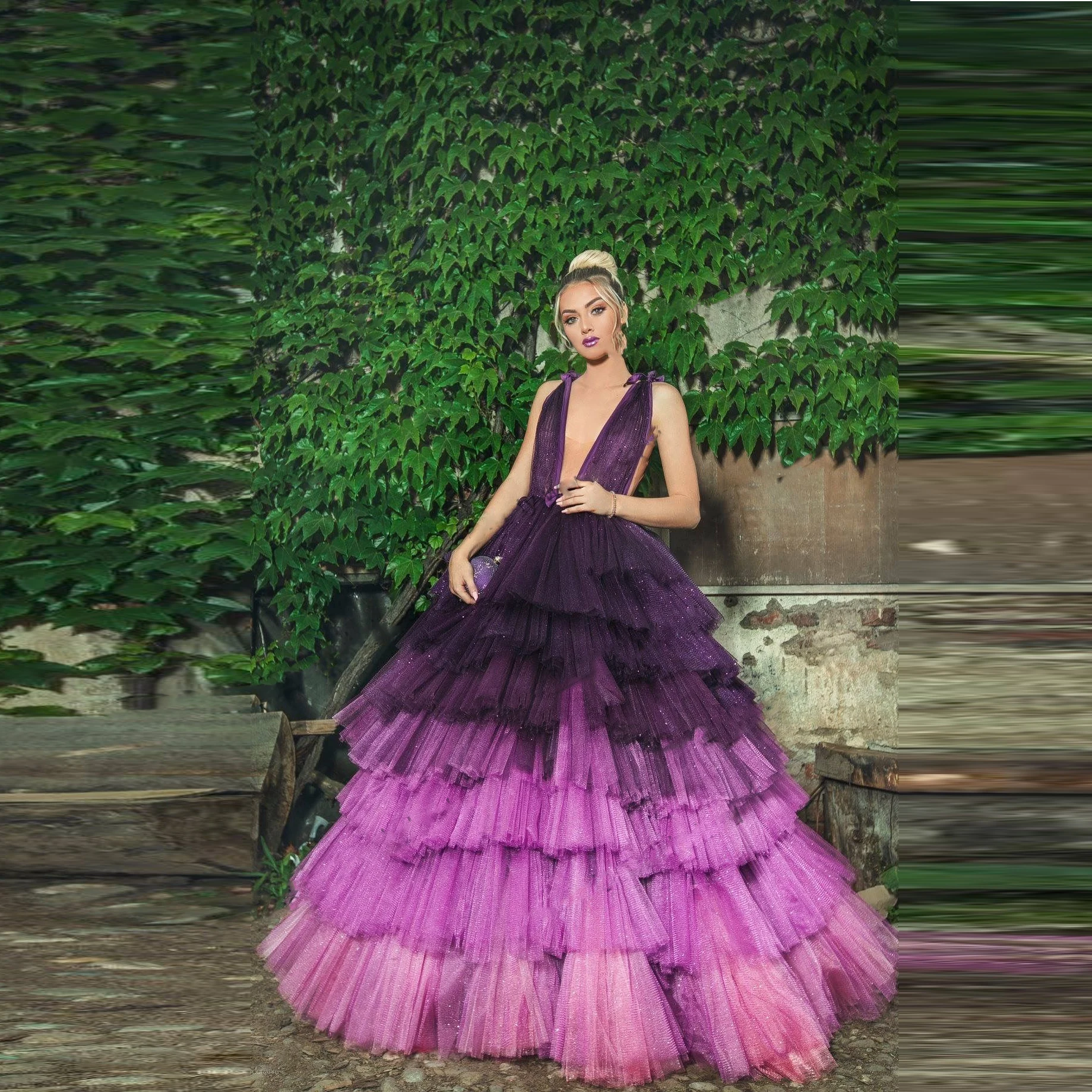 Vestidos de noite roxo Glitter Gradiente, Vestidos formais sem mangas Dubai, Vestido babado em camadas de lantejoulas, Extra Exuberante, Vestido Lantejoula