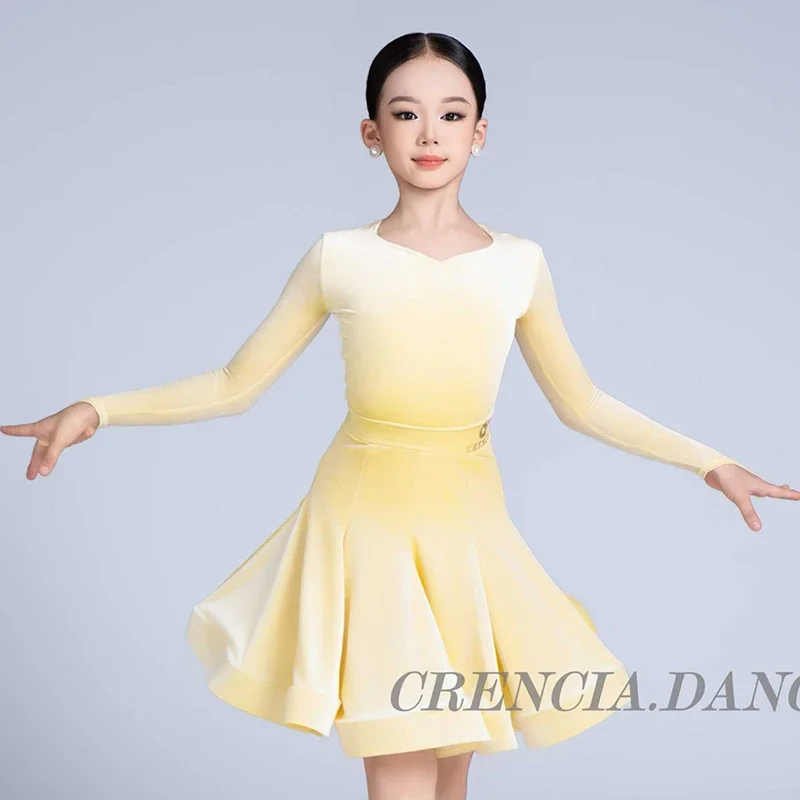 Competition Clothing National Standard Dance Practice Show Dress Light Yellow Latin Dance Dress Girls Kids Cha Cha Dance