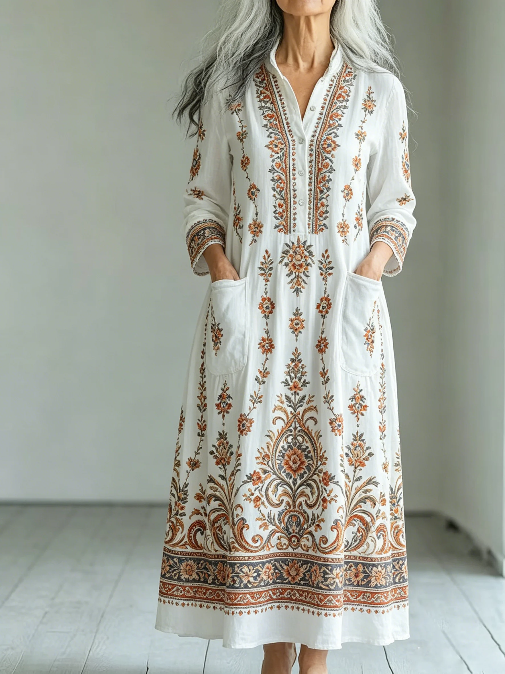 

Women Ethnic Aisley Pattern Printed Maxi Dress Chic Crew Neck Long Sleeve Bohemian A-Line Dress with Pockets For Female Dresses