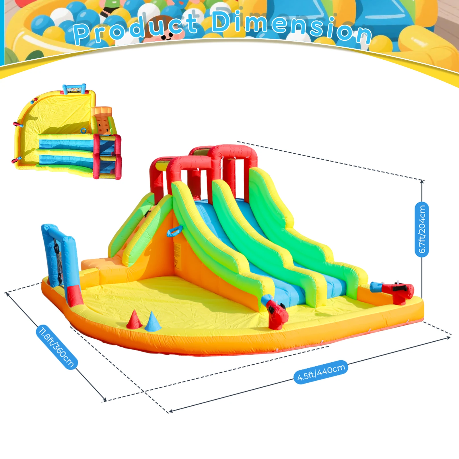 Nuovo scivolo acquatico gonfiabile in tessuto Oxford da 14,5 piedi (4,4 m) con piscina e soffiatore da 480W per feste per bambini
