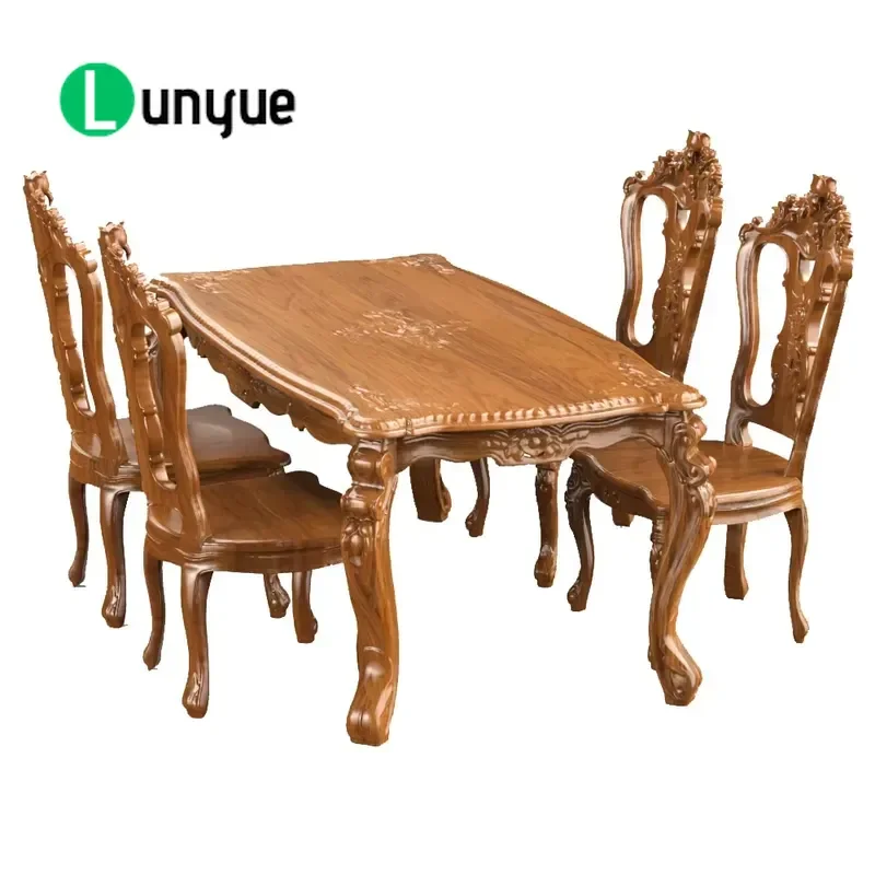 European Hand Carved Teak Dining Table Set Sustainable Durable Wood Furniture for Home Kitchen Restaurant Dining Room Decor