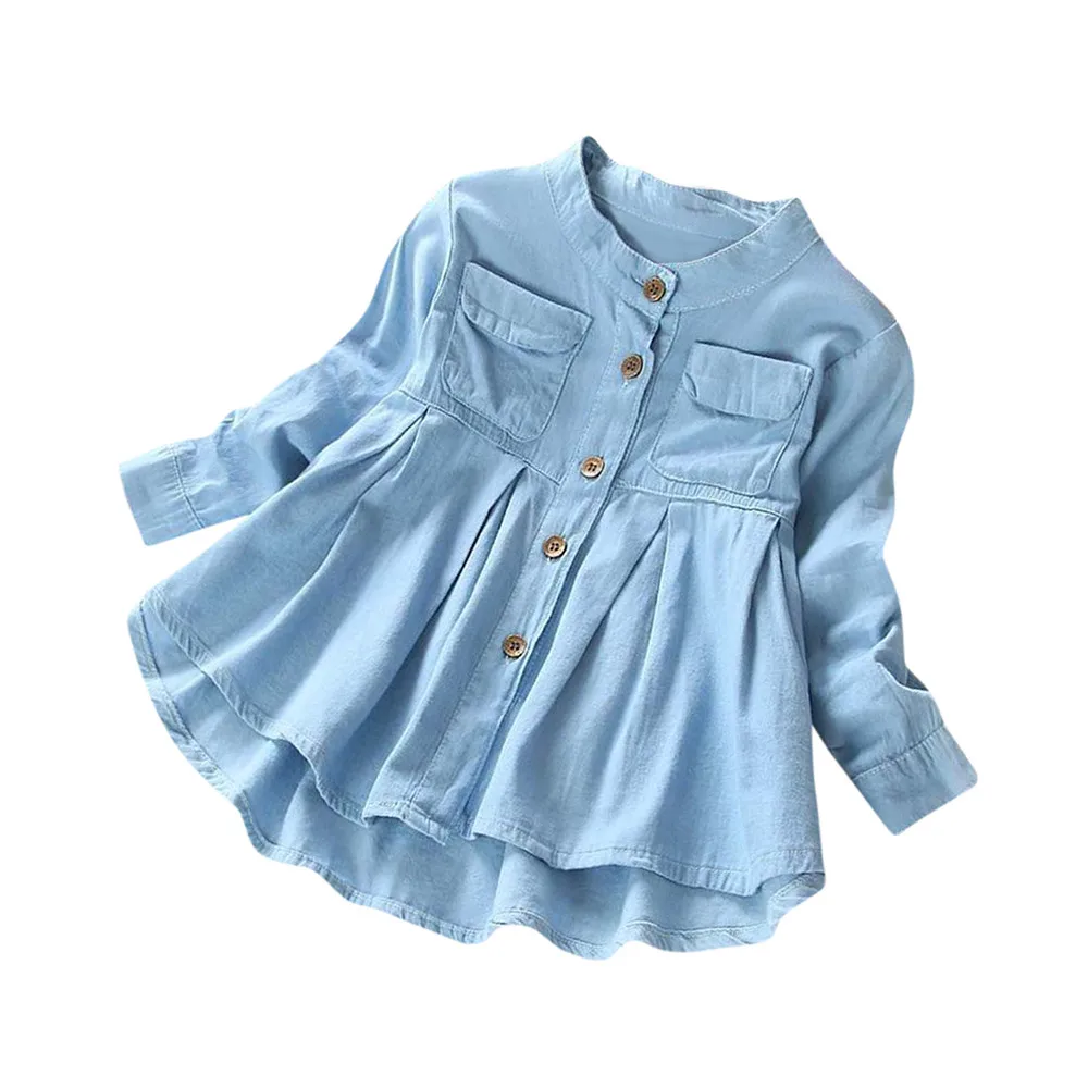 

New Solid Denim Blouse Sleeve Girls Long Ruched T-Shirt Kid Clothing Denim Baby Toddler Tops Girls Outfits&Set New Born Gift