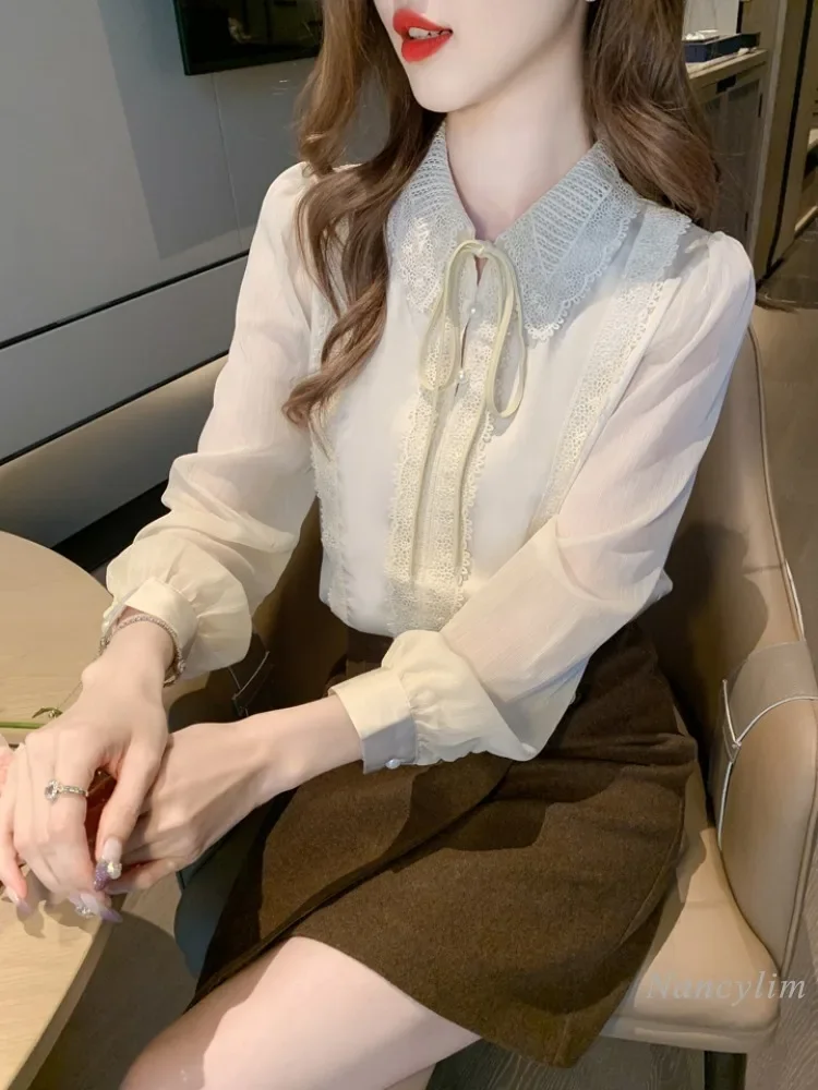 Camicetta in Chiffon a maniche lunghe con colletto a bambola camicia autunnale da donna 2024 nuovo temperamento superiore in pizzo europeo di fascia alta bella Blusas