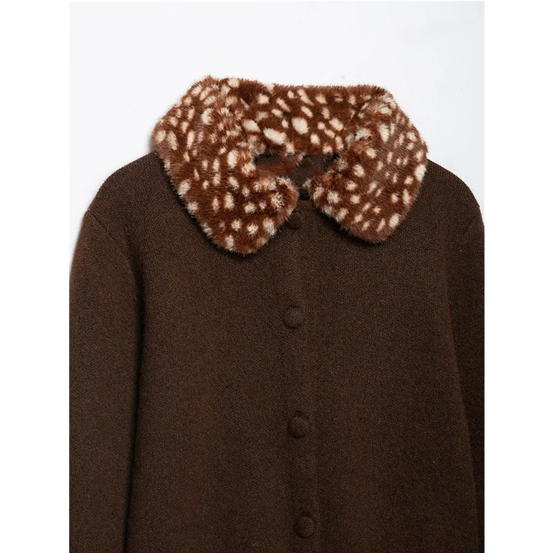 Guobioziy Women French Style Vintage Knit Coat Button Down Short Jacket Faux Fur Collar Cuffs Patch Pockets Autumn Chic New
