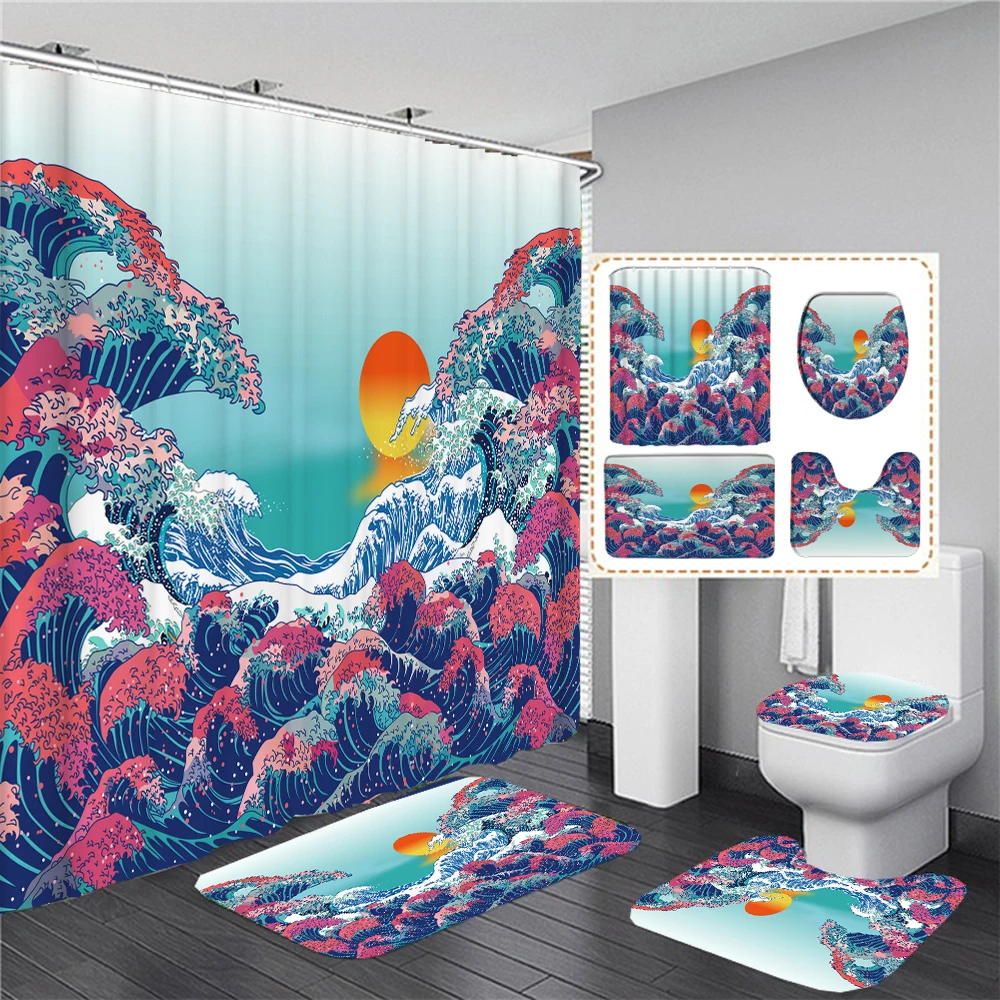 

Japanese Waves Nordic Sunset Scenery Shower Curtain Set Bath Mats Rugs Toilet Cover Non-slip Carpet Bath Curtains Bathroom Decor