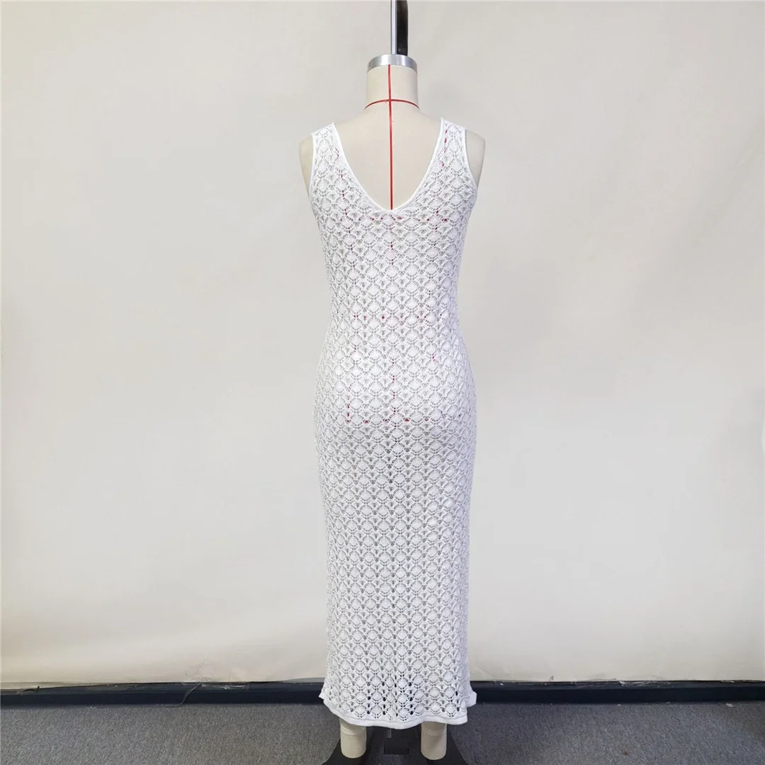 V-Ausschnitt, rückenfreies, gehäkeltes, gestricktes Tunika-Strandkleid, Strandmode, Damen-Strandkleid, Strandüberwurf, Damen V6999 – Detail 11