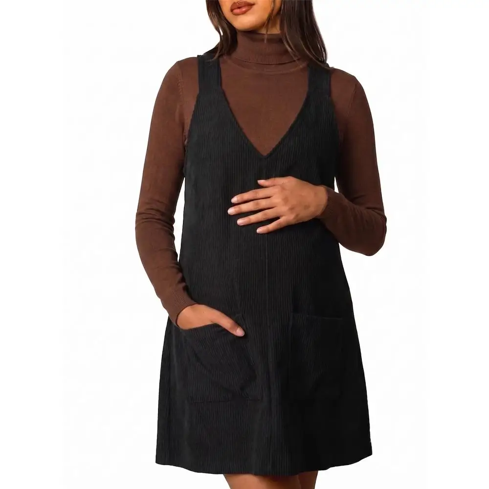 Maternity corduroy pocket black vest skirt autumn and winter daily suspender skirt maternity skirt [single skirt does not include top]