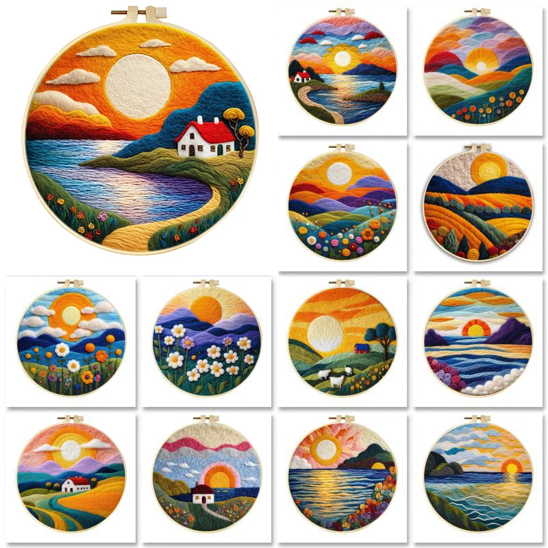 

GATYZTORY DIY Wool Painting Kit With Frame Felting Needles Handmade Picture Kit Sunset Scenery For Home Decors Crafts Gift