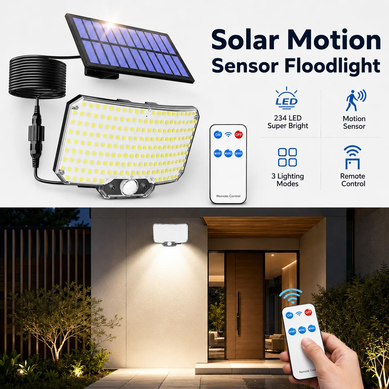 234 LED Solar-Bewegungssensorleuchte, 3 Modi, Wasserdicht, 1500mAh Akku, Außen-Sicherheitswandlampe für Villa, Hof, Einfahrt, Pool, Eingang, Zaun