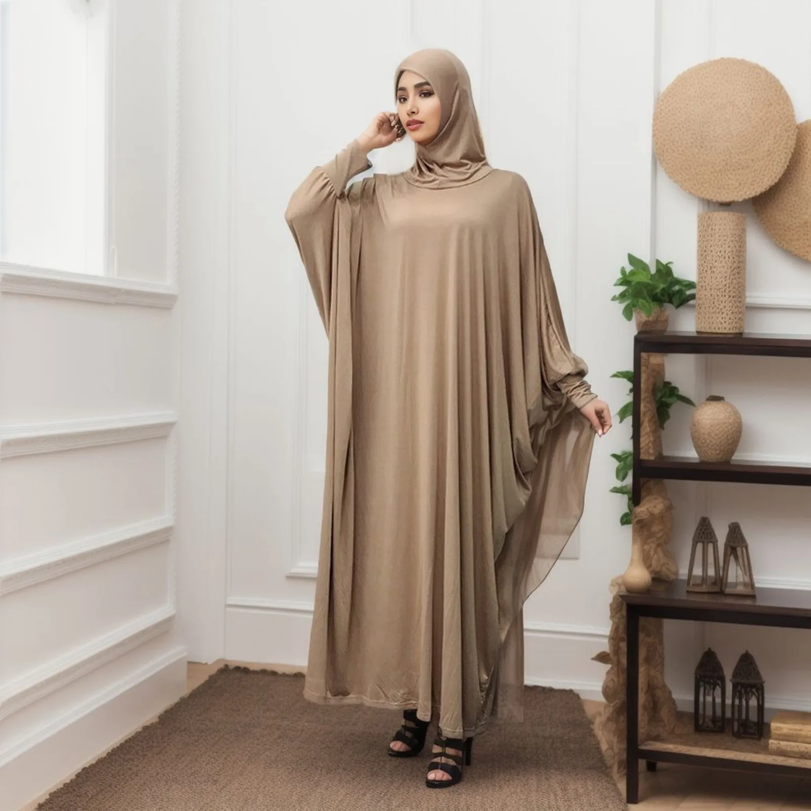 

Women Dress Solid Headgear Bat Cardigan Robes Color Ramadan Muslim Solid Muslim Clothes Loose Plus Soft Women's Muslim Dress