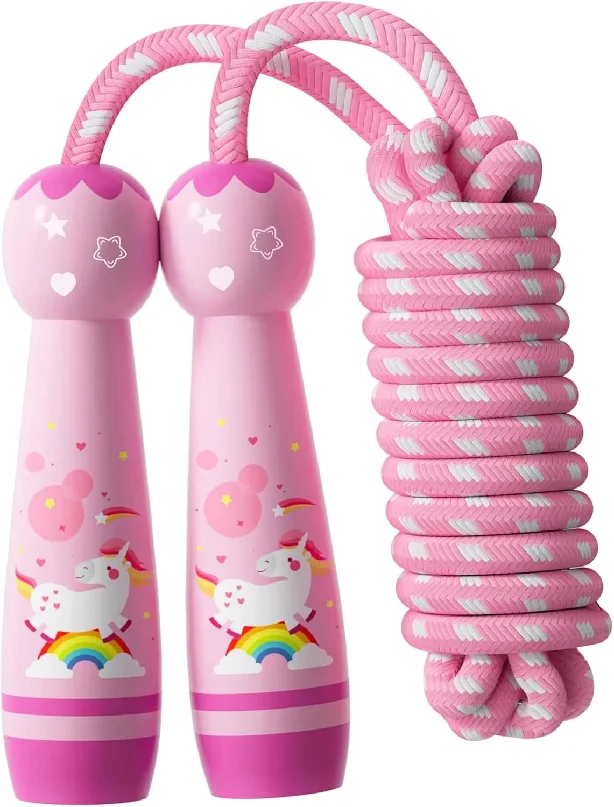 Adjustable Kids Jump Rope - Cotton Braided Skipping Rope with Wooden Handle for Toddlers, Boys & Girls, Beginner Fitness Workout