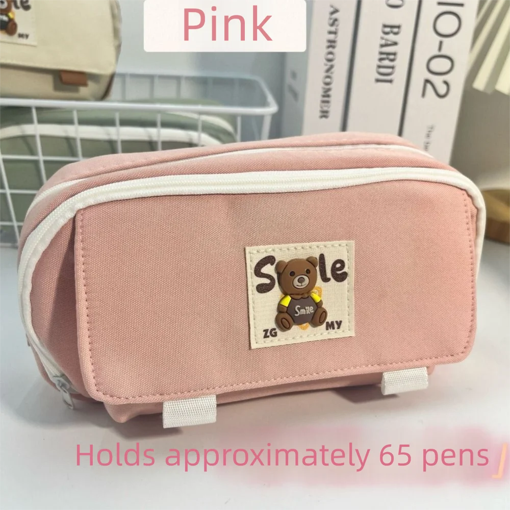 

Fashion Bear Pencil Bag Flap Canvas Stationery Storage Bag Cartoon Large Capacity Double Layer Pen Pouch Scrapbook Storage