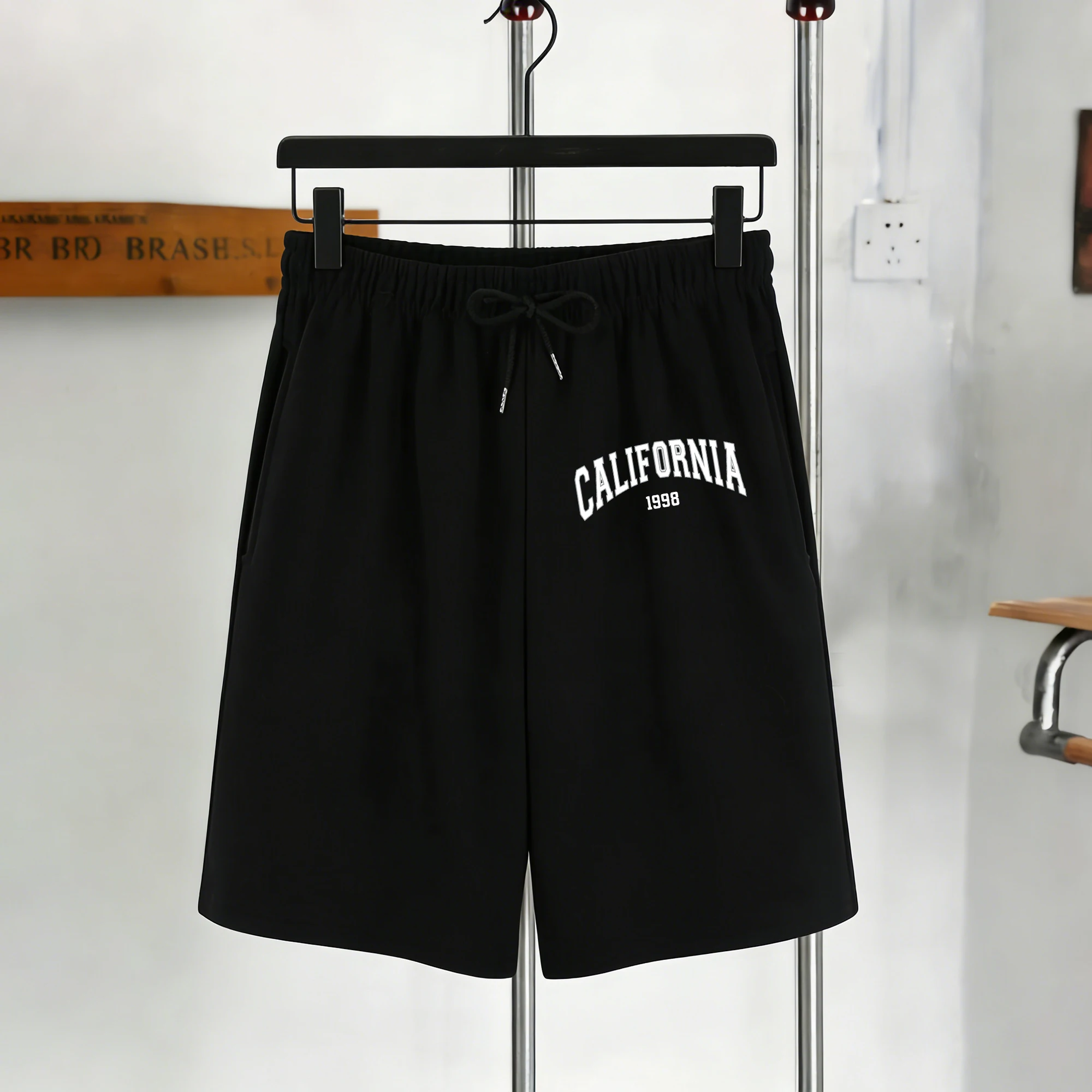 

California 1998 Letter Pattern Pocket Men Pants Summer Casual Loose Basics Sports Shorts Unisex Retro Drawstring Streetpants
