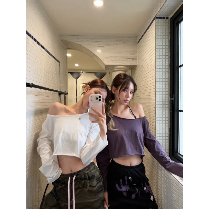 Chill Casual Three-Color Slant Shoulder Long Sleeve T-Shirt Loose Fit Polyester Daily Wear Polyester Fiber Regular Thickness