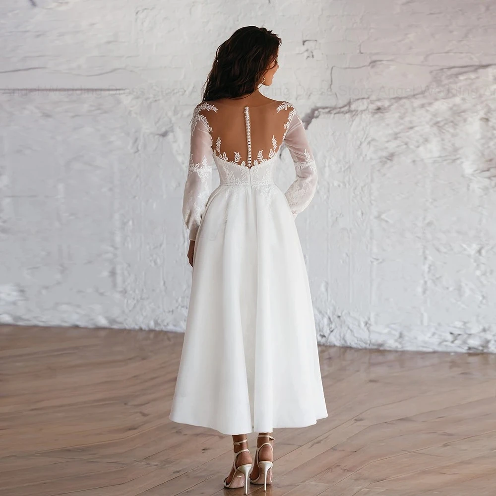 Customized Mid Length Lace Wedding Outfit Plunge V Puff Long Sleeves Keyhole Rear Flared Silhouette Retro Beach Bridal Attire