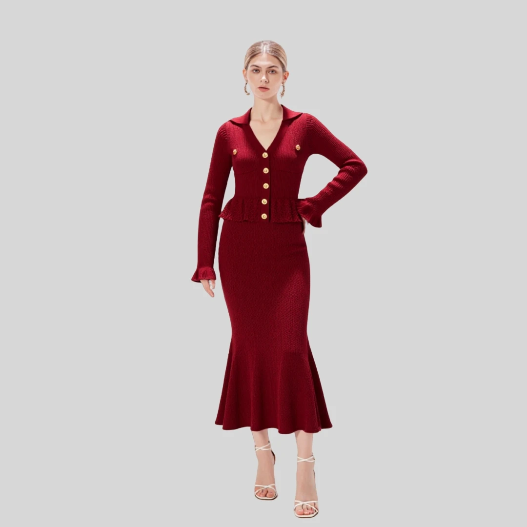 

High Quality Knitted Long Sleeve Wrap Dress Fashionable Turn-down Collar Slimming Autumn Winter New Style Women's Premium Dress