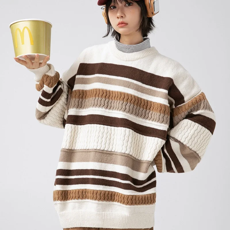 Japanese Youth Pop Crewneck Sweater Men 2024 Autumn Winter New Striped Color Patchwork Trend Casual Couple Loose Sweater Coat