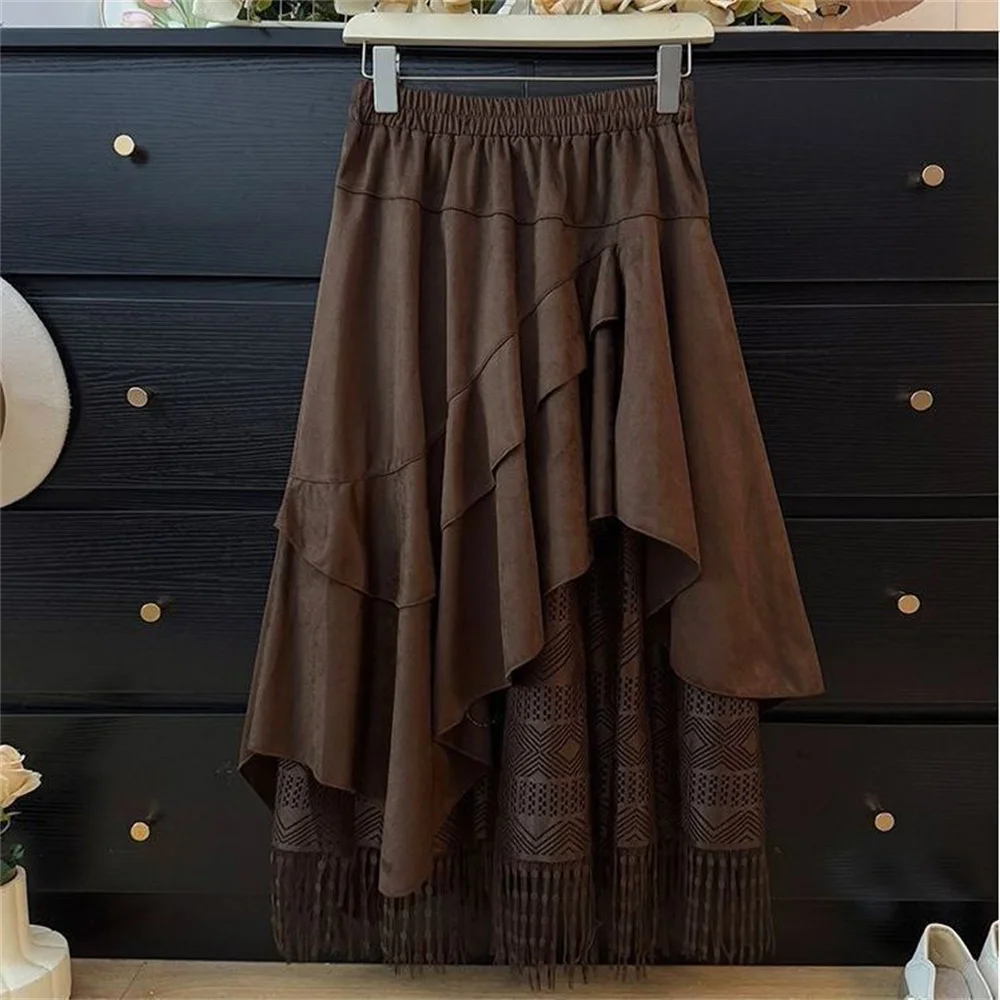 Western Cowboy Faux Suede Long Skirt Female Elastic High Waist Asymmetrical Fringe Lace-up Skirt Casual Vacation Country Outfit
