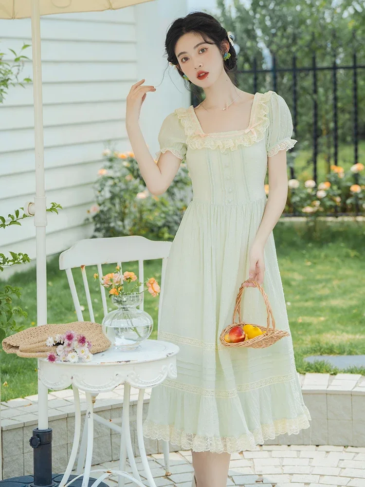 

French Retro Princess Dresses for Women 2023 Light Green Sweet Cute Lace Square Neck Elegant Pretty Women's Dress Summer Clothes