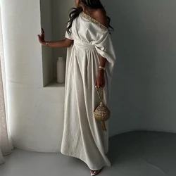 Customized  Fomal Crystal Off The Shoulder Jersey Evening Dresses Fashion Straight Floor Length Half Sleeves Vestidos D